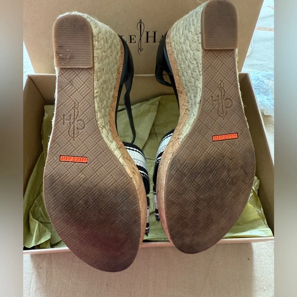 Cole Haan Black and White Air Tamsyn Wedge Sandal with Elegant Crisscross Design